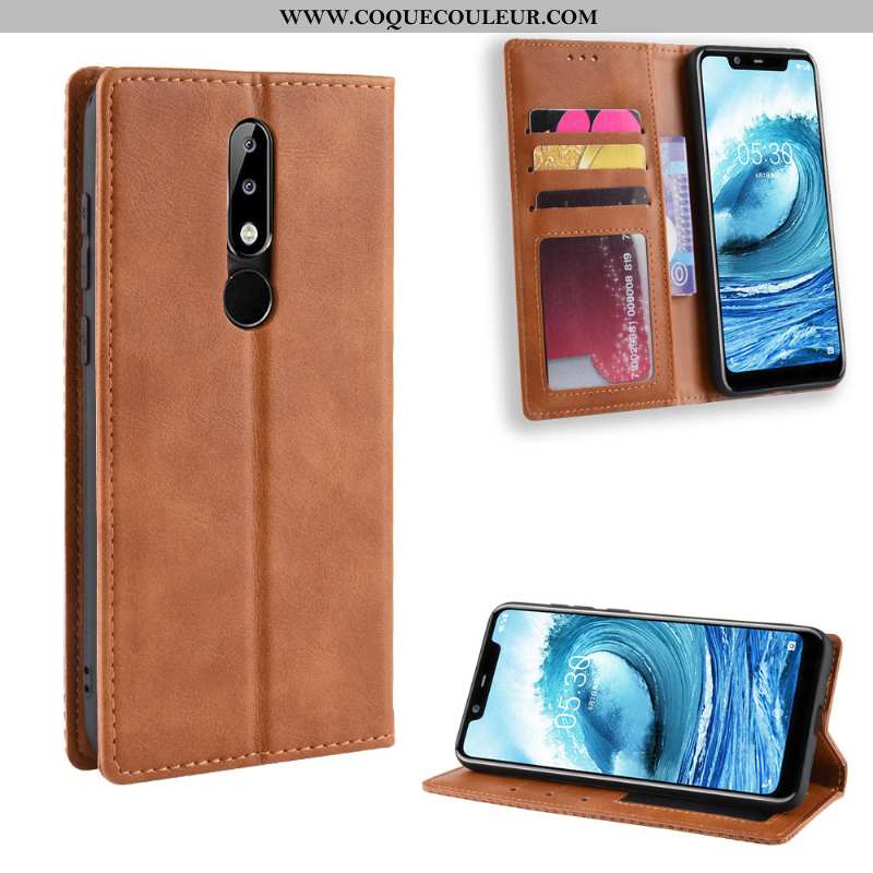 Housse Nokia 5.1 Plus Vintage Étui Marron, Nokia 5.1 Plus Cuir Modèle Fleurie Marron