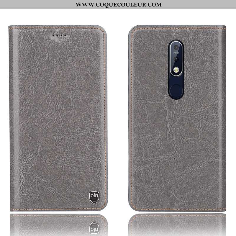 Étui Nokia 7.1 Cuir Véritable Coque Téléphone Portable, Nokia 7.1 Modèle Fleurie Bleu Foncé