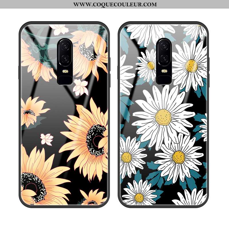 Coque Oneplus 6 Protection Incassable Téléphone Portable, Housse Oneplus 6 Verre Fleur Noir