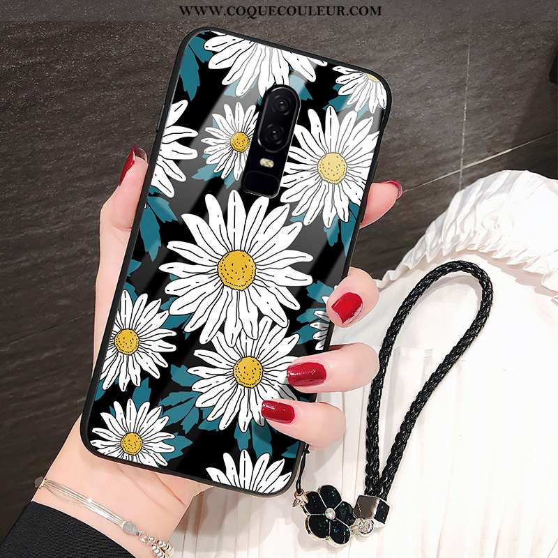 Coque Oneplus 6 Protection Incassable Téléphone Portable, Housse Oneplus 6 Verre Fleur Noir