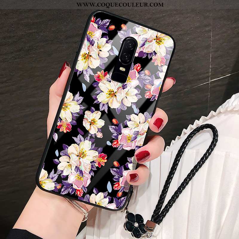 Coque Oneplus 6 Protection Incassable Téléphone Portable, Housse Oneplus 6 Verre Fleur Noir