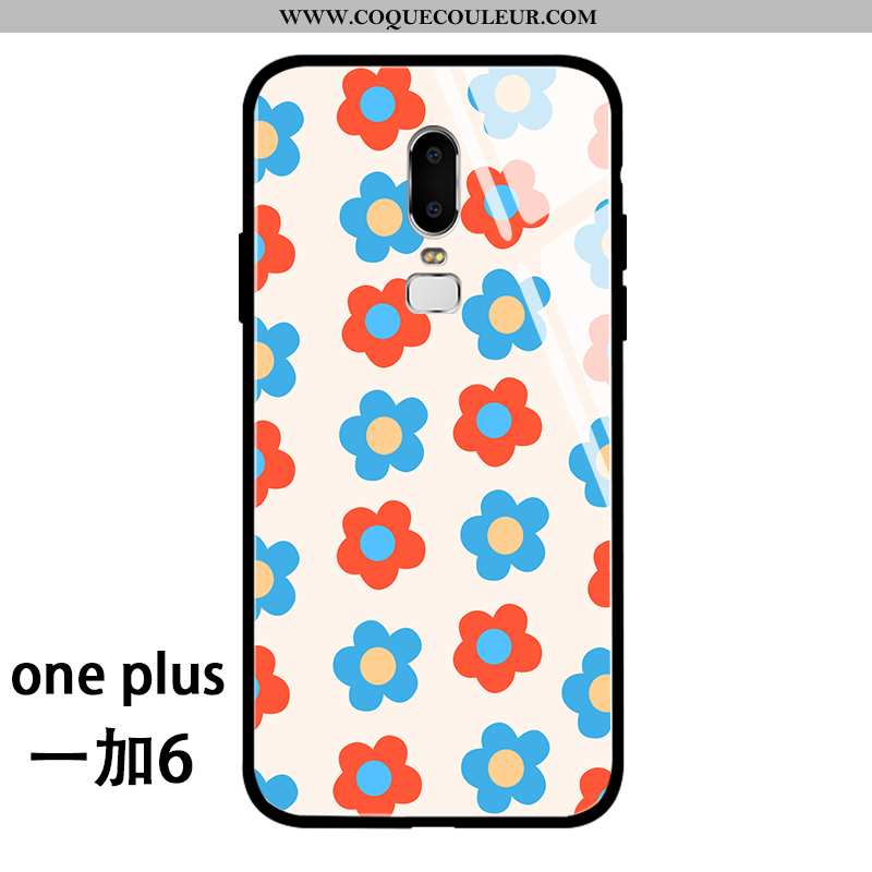 Étui Oneplus 6 Protection Silicone Fleurs, Coque Oneplus 6 Verre Luxe Bleu