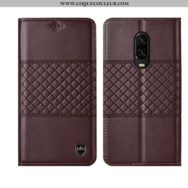 Étui Oneplus 6t Cuir Clamshell Étui, Coque Oneplus 6t Silicone Protection Véritable Marron