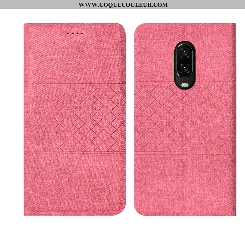 Étui Oneplus 6t Protection Lin Téléphone Portable, Coque Oneplus 6t Cuir Plaid Rose