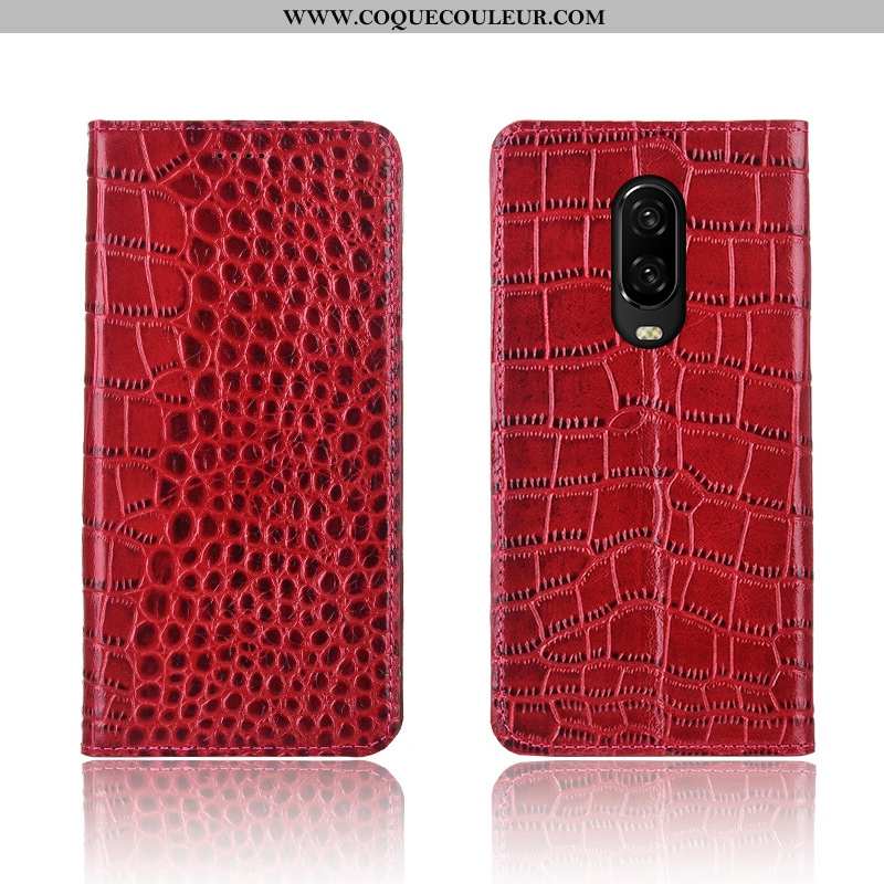 Coque Oneplus 6t Cuir Véritable Crocodile Étui, Housse Oneplus 6t Cuir Clamshell Rouge