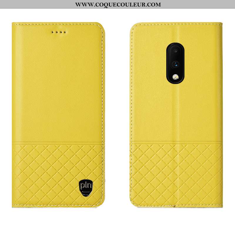 Housse Oneplus 7 Cuir Véritable Tout Compris Incassable, Étui Oneplus 7 Protection Jaune