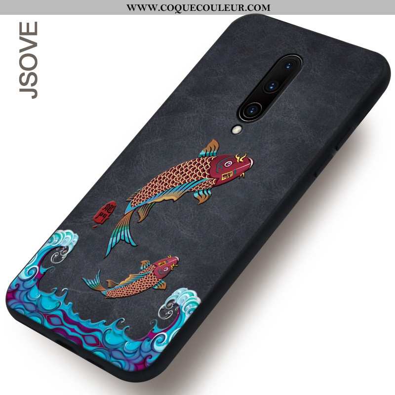 Étui Oneplus 7 Pro Silicone Noir Style Chinois, Coque Oneplus 7 Pro Mode Net Rouge