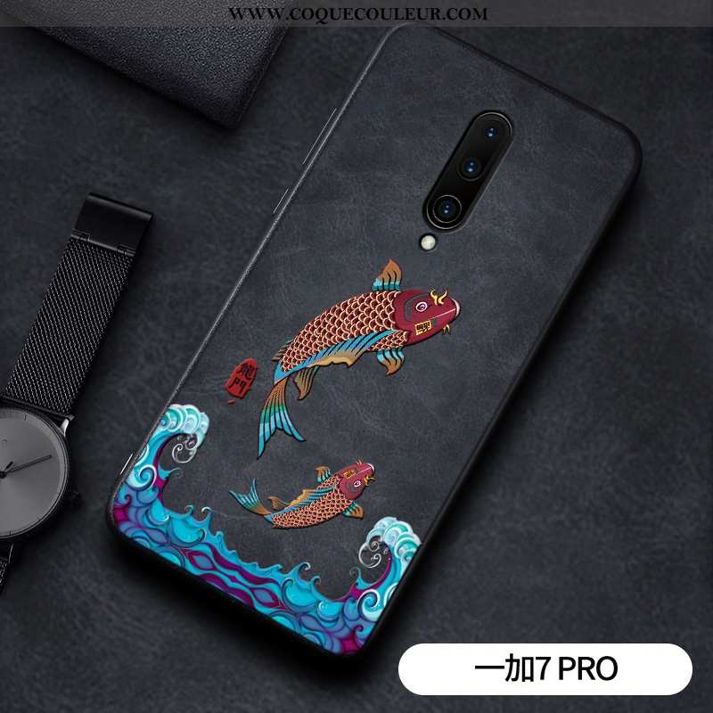 Étui Oneplus 7 Pro Silicone Noir Style Chinois, Coque Oneplus 7 Pro Mode Net Rouge