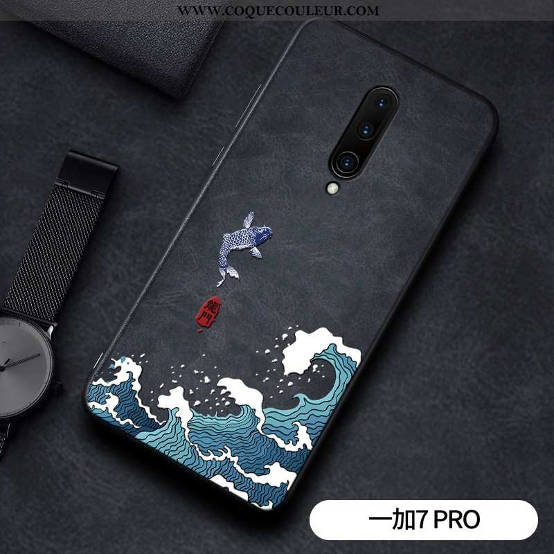 Étui Oneplus 7 Pro Silicone Noir Style Chinois, Coque Oneplus 7 Pro Mode Net Rouge