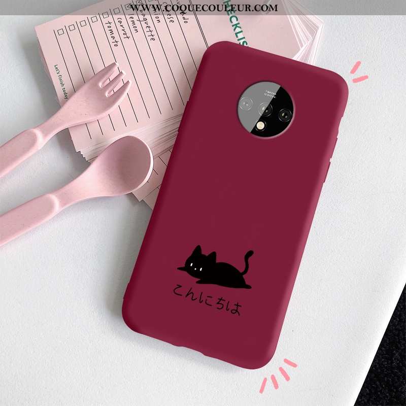 Housse Oneplus 7t Protection Ultra Petit, Étui Oneplus 7t Délavé En Daim Chat Rouge