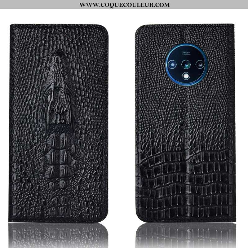 Coque Oneplus 7t Protection Étui Crocodile, Housse Oneplus 7t Cuir Véritable Téléphone Portable Noir