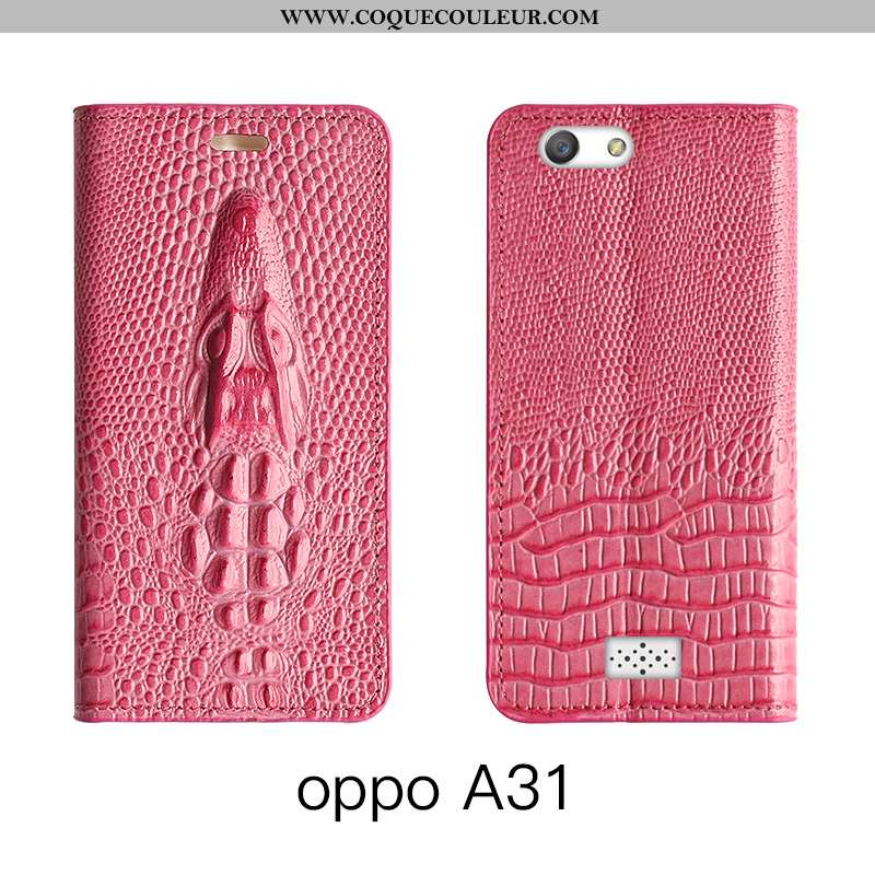 Coque Oppo A31 Cuir Véritable Étui Rouge, Housse Oppo A31 Cuir Protection Rose