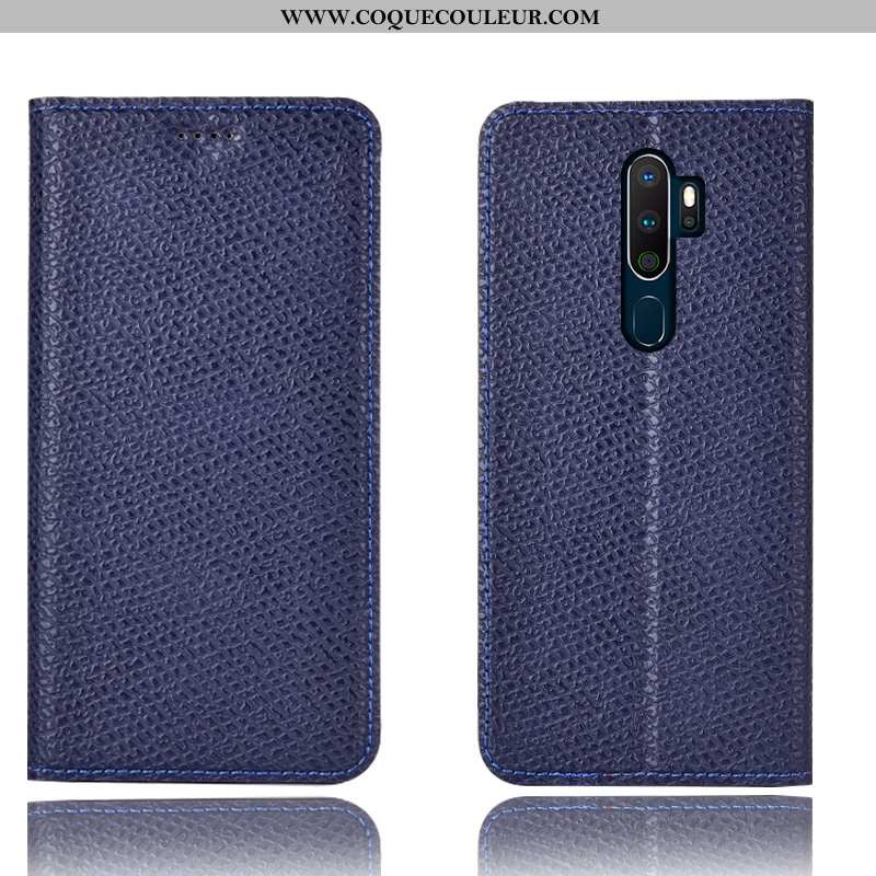 Housse Oppo A5 2020 Cuir Véritable Étui Housse, Oppo A5 2020 Modèle Fleurie Téléphone Portable Bleu 