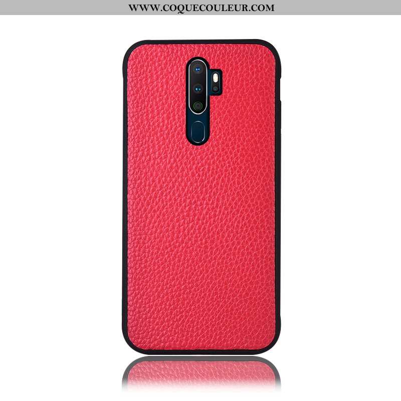 Coque Oppo A5 2020 Cuir Véritable Litchi Coque, Housse Oppo A5 2020 Protection Étui Bordeaux