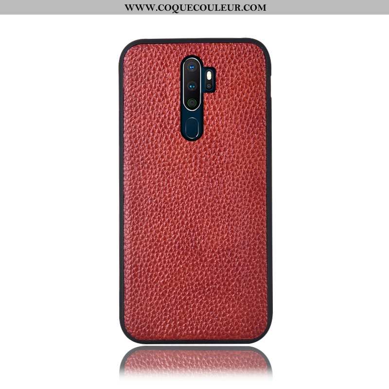 Coque Oppo A5 2020 Cuir Véritable Litchi Coque, Housse Oppo A5 2020 Protection Étui Bordeaux