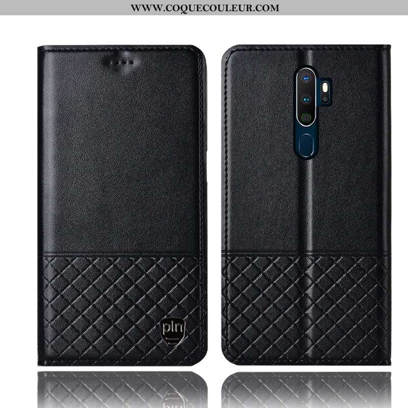 Coque Oppo A5 2020 Cuir Véritable Noir Incassable, Housse Oppo A5 2020 Protection