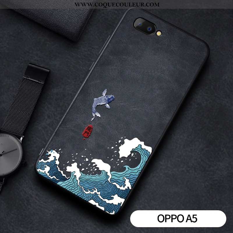 Housse Oppo A5 Vintage Noir Gaufrage, Étui Oppo A5 Tendance Personnalité