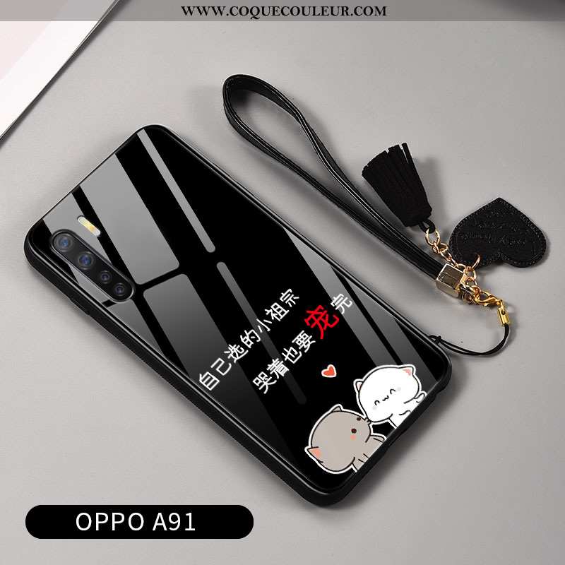 Housse Oppo A91 Protection Tendance Net Rouge, Étui Oppo A91 Verre Dessin Animé Noir