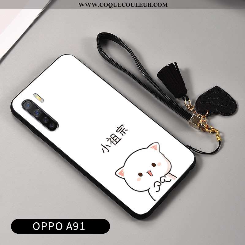 Housse Oppo A91 Protection Tendance Net Rouge, Étui Oppo A91 Verre Dessin Animé Noir