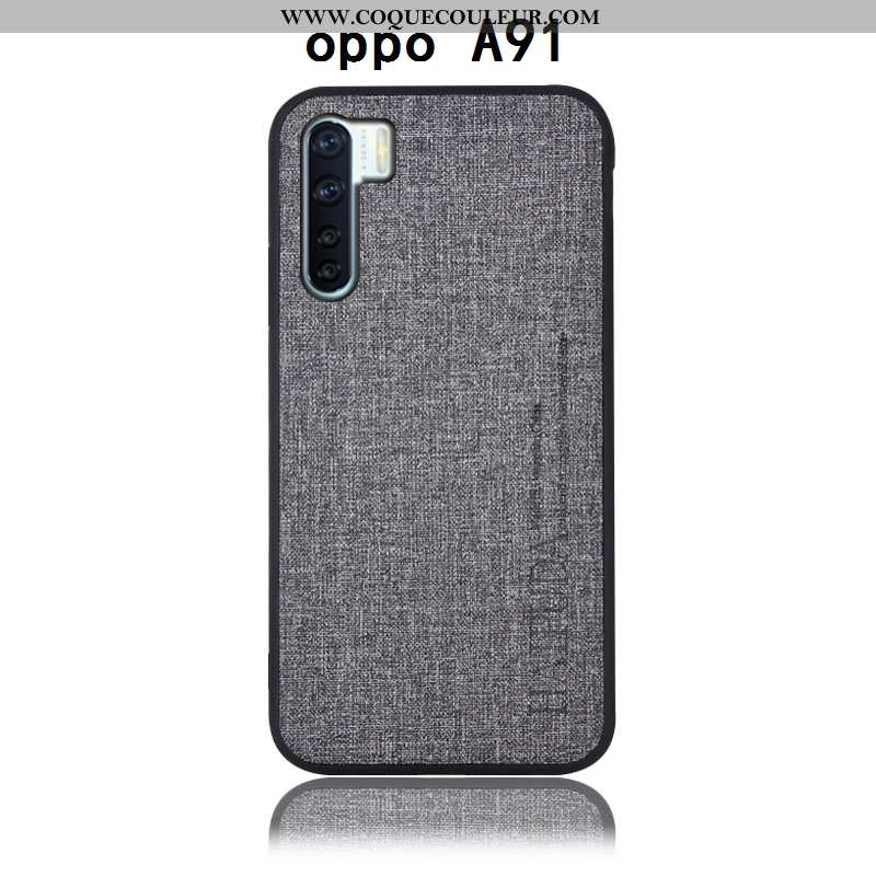 Coque Oppo A91 Protection Incassable, Housse Oppo A91 Cuir Lin Gris