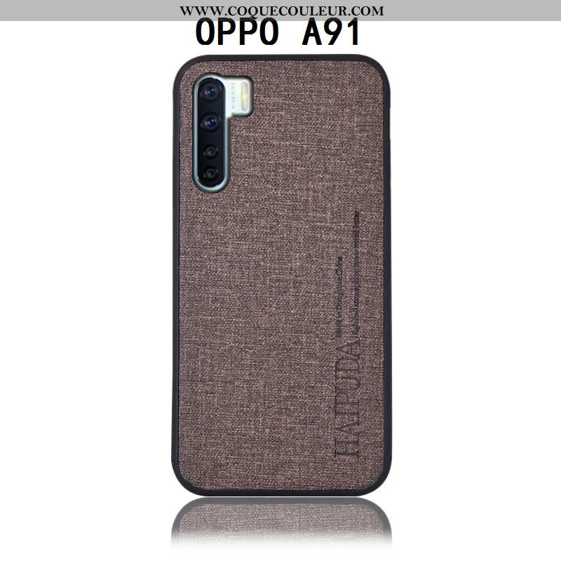 Coque Oppo A91 Protection Incassable, Housse Oppo A91 Cuir Lin Gris