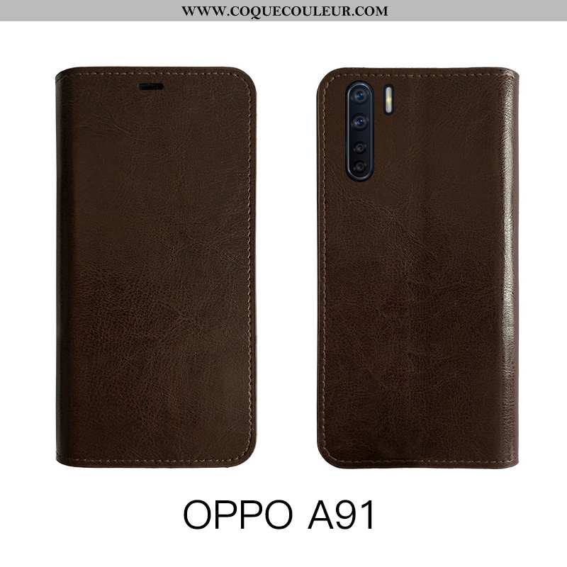 Coque Oppo A91 Cuir Véritable Étui Housse, Housse Oppo A91 Cuir Incassable Marron