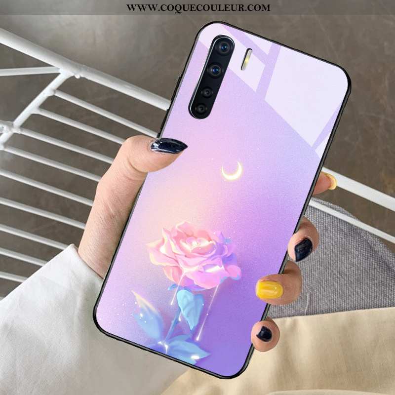 Housse Oppo A91 Verre Tendance Difficile, Étui Oppo A91 Dessin Animé Cœur Violet