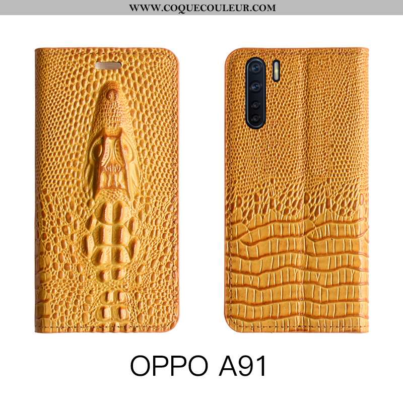 Étui Oppo A91 Protection Cuir Luxe, Coque Oppo A91 Luxe Housse Jaune