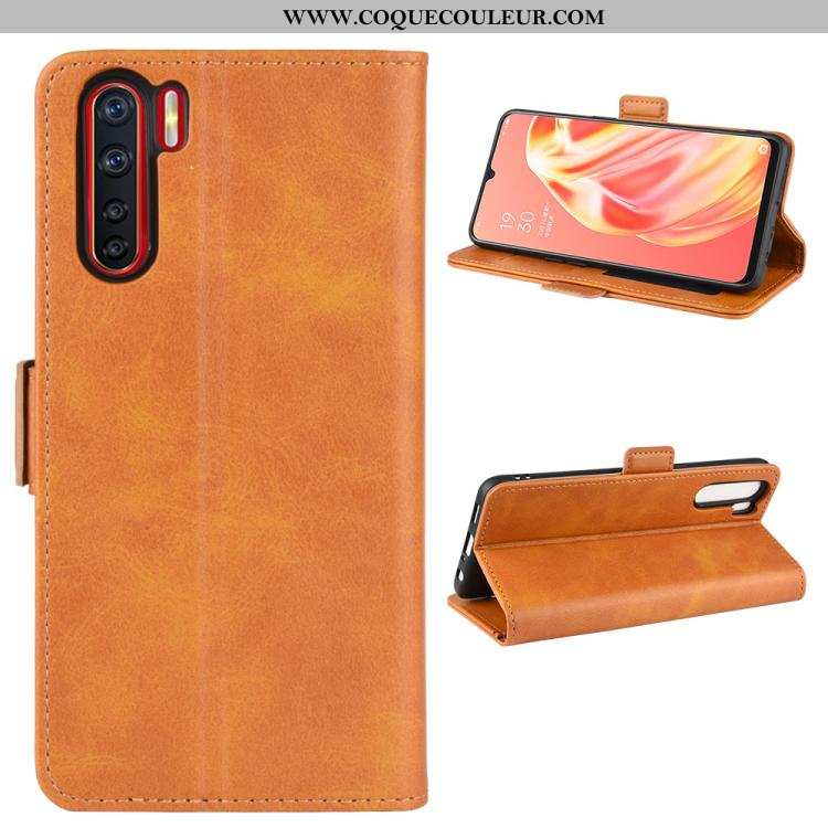 Étui Oppo A91 Portefeuille Bovins Support, Coque Oppo A91 Cuir Téléphone Portable Jaune