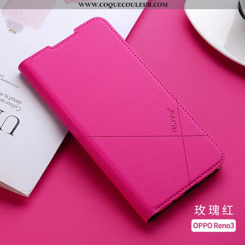 Housse Oppo Reno 3 Protection Silicone Clamshell, Étui Oppo Reno 3 Cuir Coque Rose