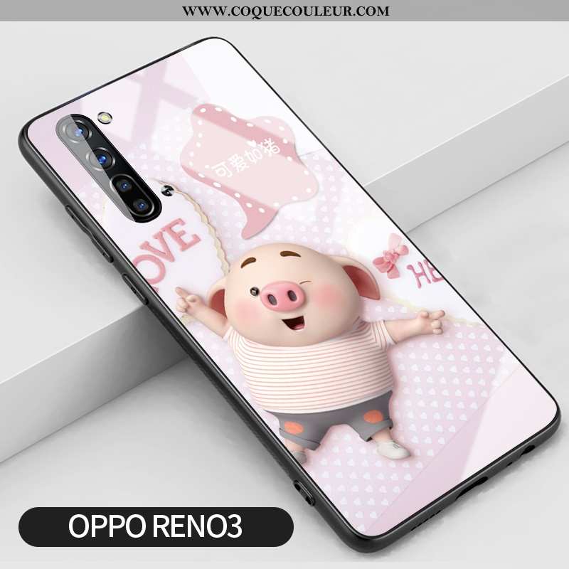 Étui Oppo Reno 3 Verre Coque Silicone, Oppo Reno 3 Créatif Incassable Rose