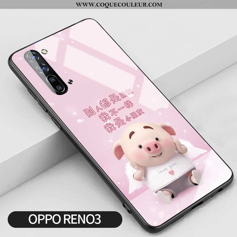 Étui Oppo Reno 3 Verre Coque Silicone, Oppo Reno 3 Créatif Incassable Rose