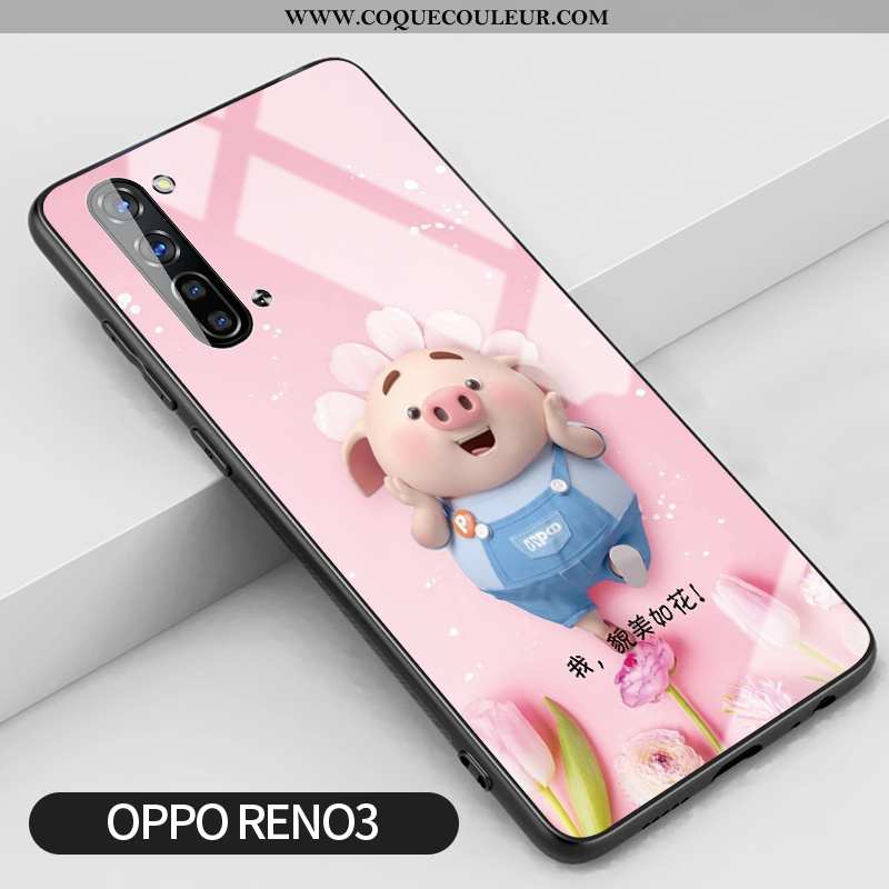 Étui Oppo Reno 3 Verre Coque Silicone, Oppo Reno 3 Créatif Incassable Rose