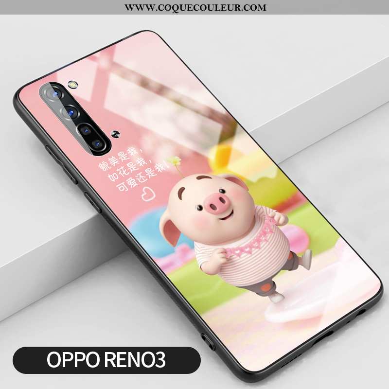 Étui Oppo Reno 3 Verre Coque Silicone, Oppo Reno 3 Créatif Incassable Rose