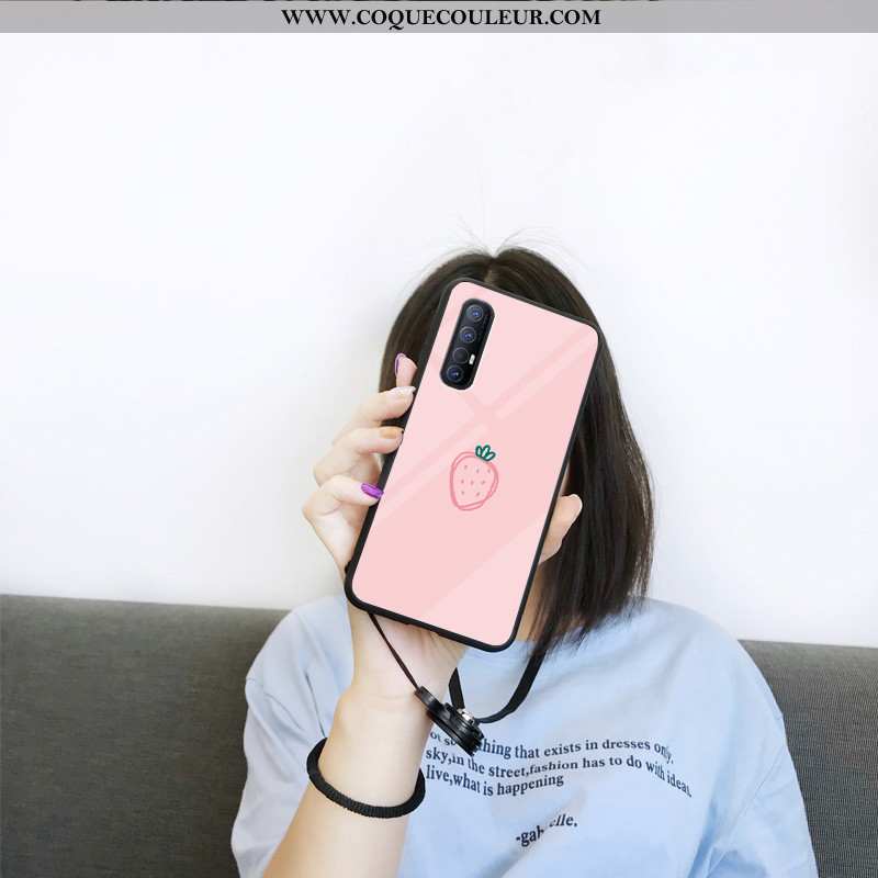 Coque Oppo Reno 3 Pro Protection Étui Fraise, Housse Oppo Reno 3 Pro Verre Tout Compris Rose