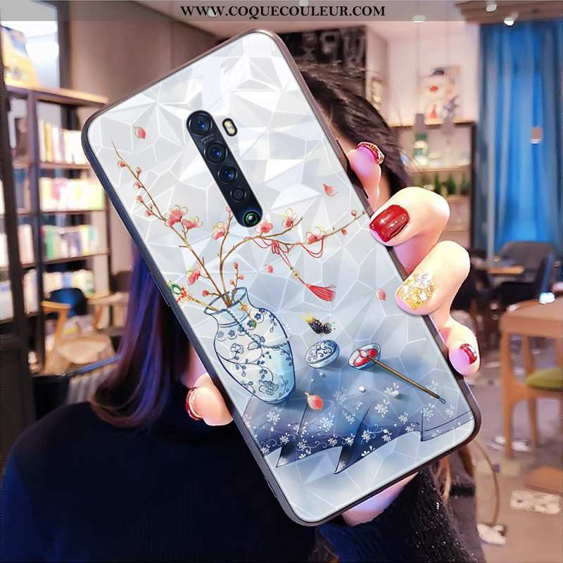 Étui Oppo Reno2 Tendance Losange Style Chinois, Coque Oppo Reno2 Modèle Fleurie Personnalité Bleu