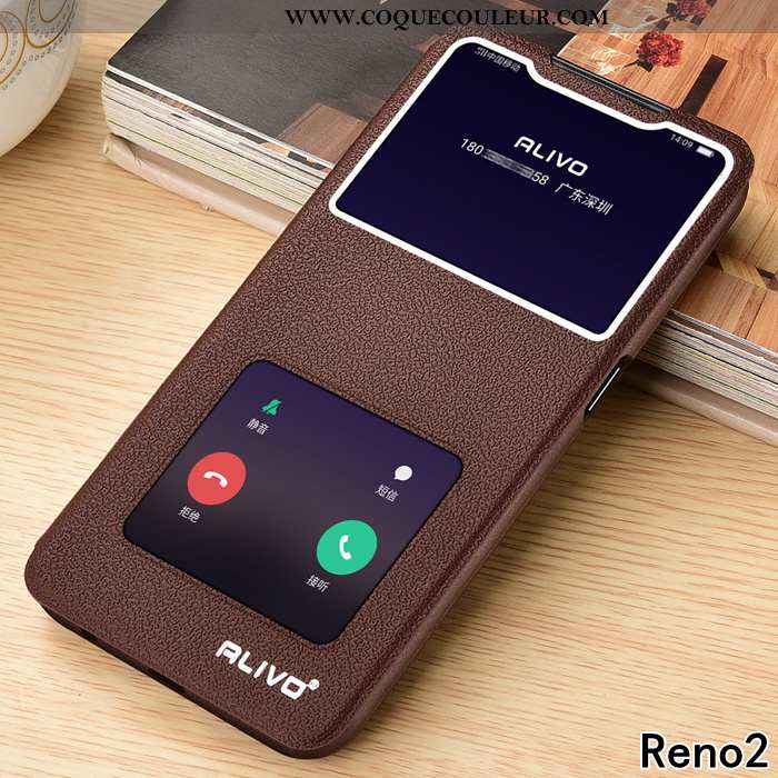 Coque Oppo Reno2 Fluide Doux Clamshell Cuir, Housse Oppo Reno2 Silicone Marron