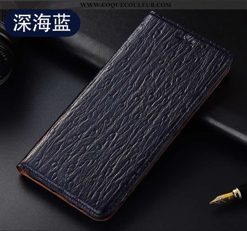 Housse Oppo Reno2 Z Cuir Véritable Tout Compris Bleu Marin, Étui Oppo Reno2 Z Protection Bleu Foncé