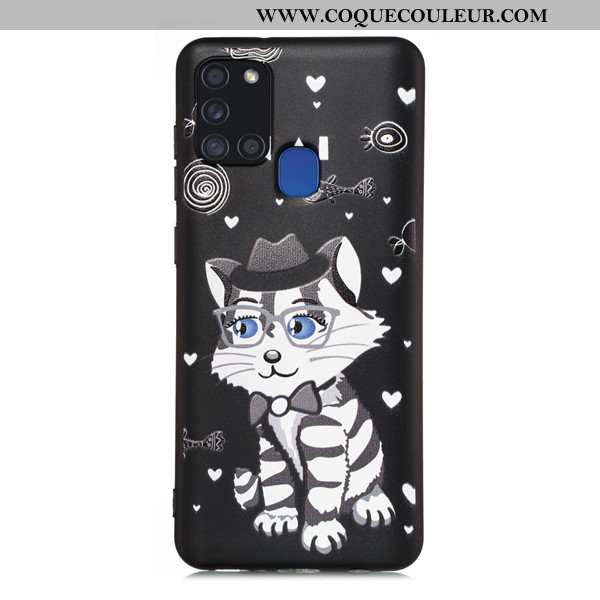 Étui Samsung Galaxy A21s Dessin Animé Incassable Noir, Coque Samsung Galaxy A21s Délavé En Daim Noir