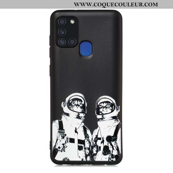 Étui Samsung Galaxy A21s Dessin Animé Incassable Noir, Coque Samsung Galaxy A21s Délavé En Daim Noir