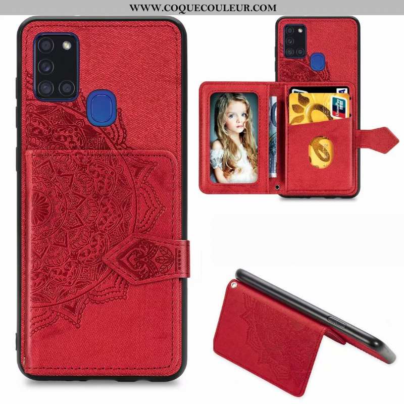 Coque Samsung Galaxy A21s Portefeuille Téléphone Portable Rouge, Housse Samsung Galaxy A21s Cuir Mod