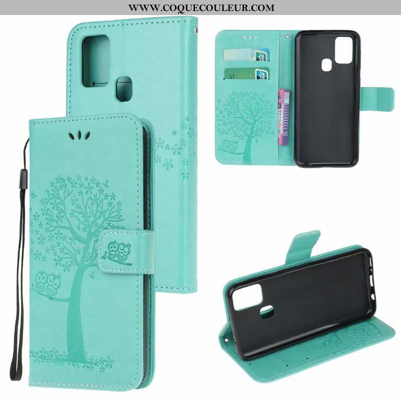 Coque Samsung Galaxy A21s Fluide Doux Cuir Étui, Housse Samsung Galaxy A21s Portefeuille Vert Verte