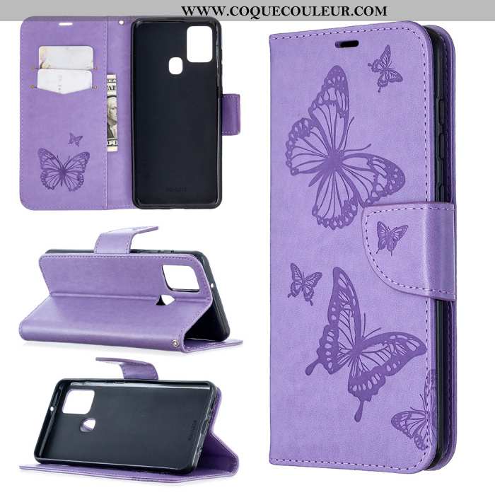 Étui Samsung Galaxy A21s Cuir Papillon Incassable, Coque Samsung Galaxy A21s Étoile En Relief Violet