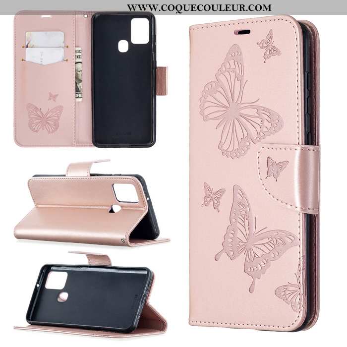 Étui Samsung Galaxy A21s Cuir Papillon Incassable, Coque Samsung Galaxy A21s Étoile En Relief Violet