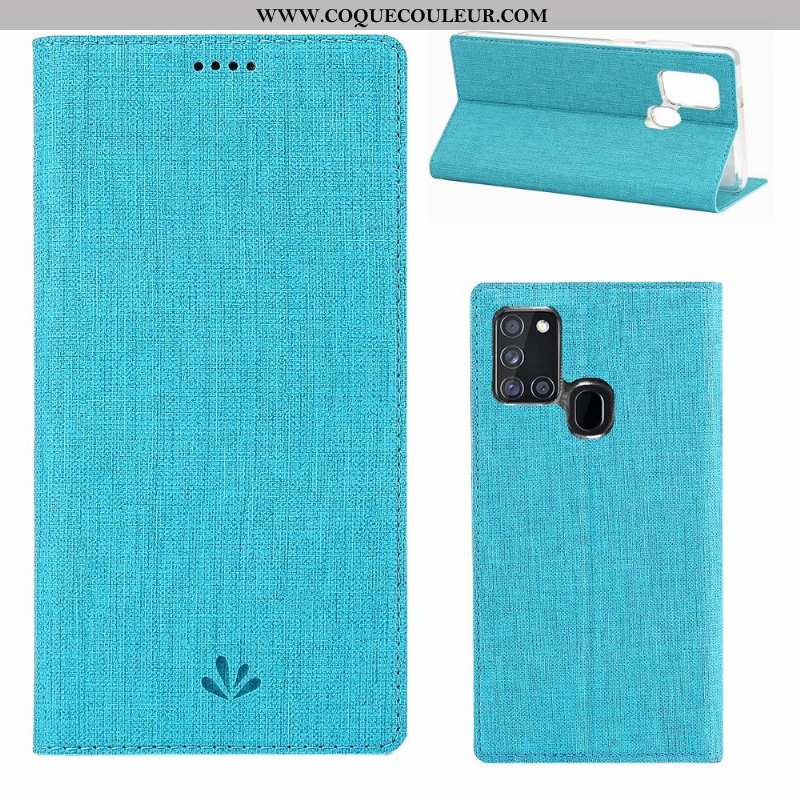 Housse Samsung Galaxy A21s Cuir Bleu Coque, Étui Samsung Galaxy A21s Fluide Doux Étoile