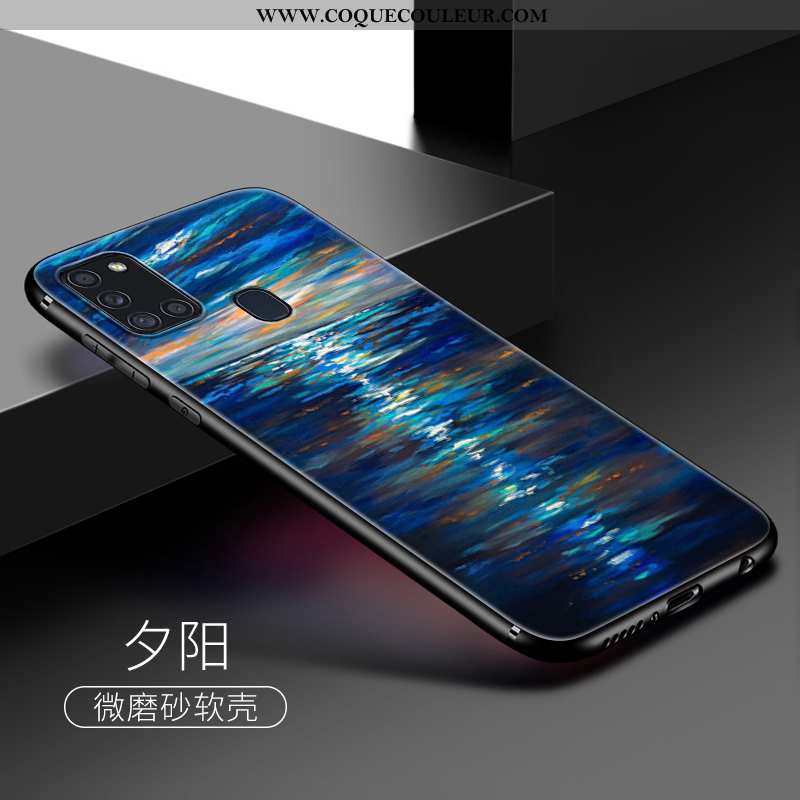Housse Samsung Galaxy A21s Créatif Délavé En Daim Étoile, Étui Samsung Galaxy A21s Dessin Animé Bleu