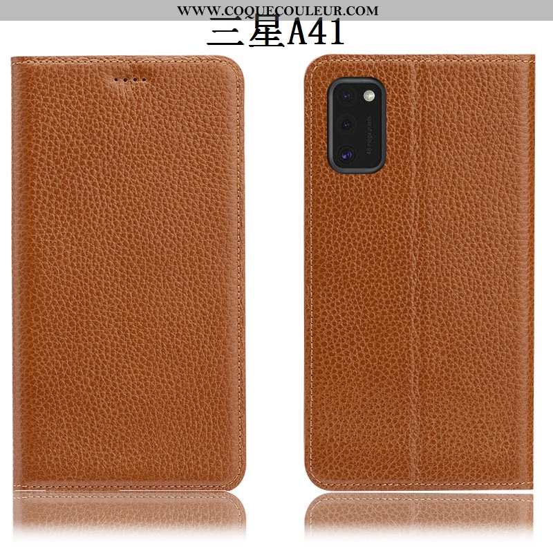 Étui Samsung Galaxy A41 Cuir Véritable Housse Incassable, Coque Samsung Galaxy A41 Protection Marron