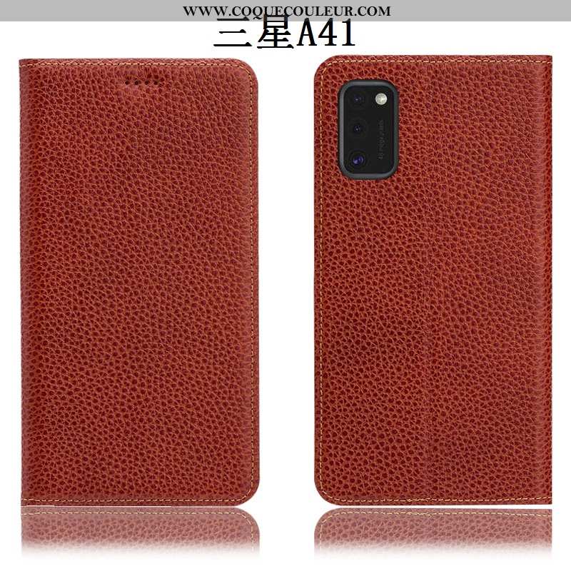 Étui Samsung Galaxy A41 Cuir Véritable Housse Incassable, Coque Samsung Galaxy A41 Protection Marron