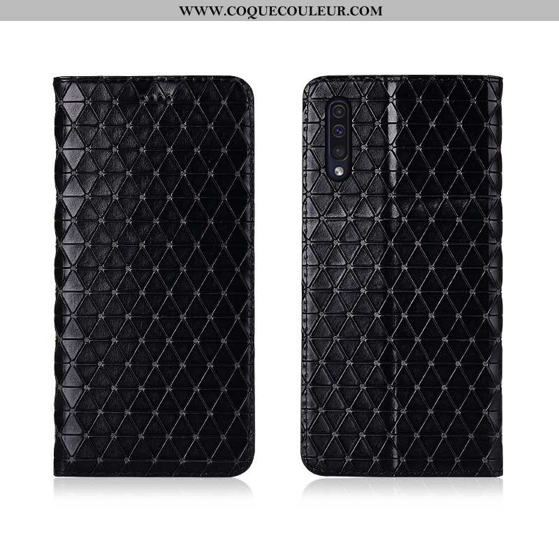 Housse Samsung Galaxy A50 Cuir Véritable Plaid Clamshell, Étui Samsung Galaxy A50 Cuir Protection Ma