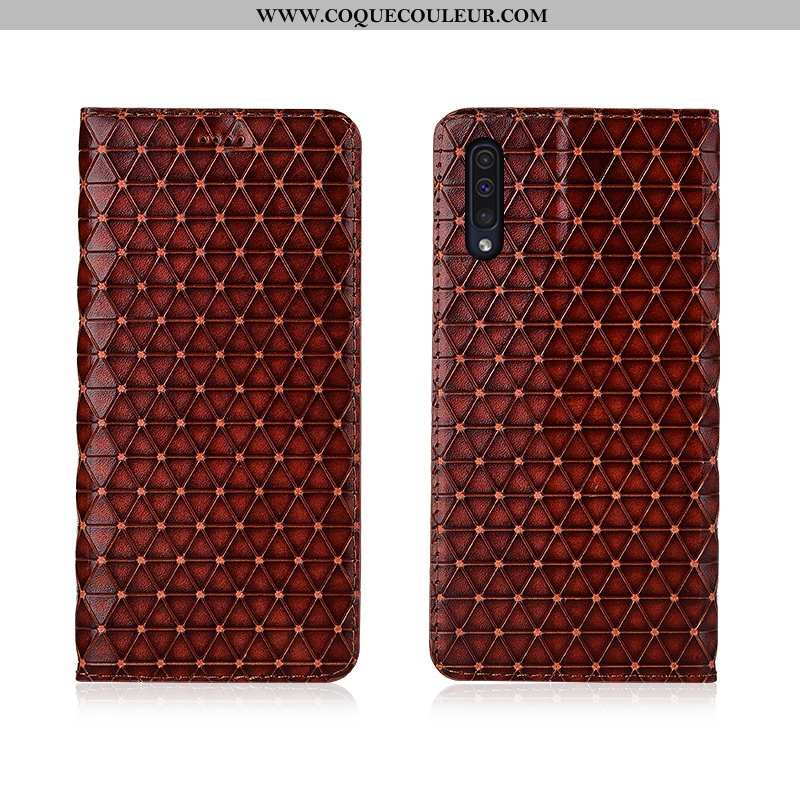 Housse Samsung Galaxy A50 Cuir Véritable Plaid Clamshell, Étui Samsung Galaxy A50 Cuir Protection Ma